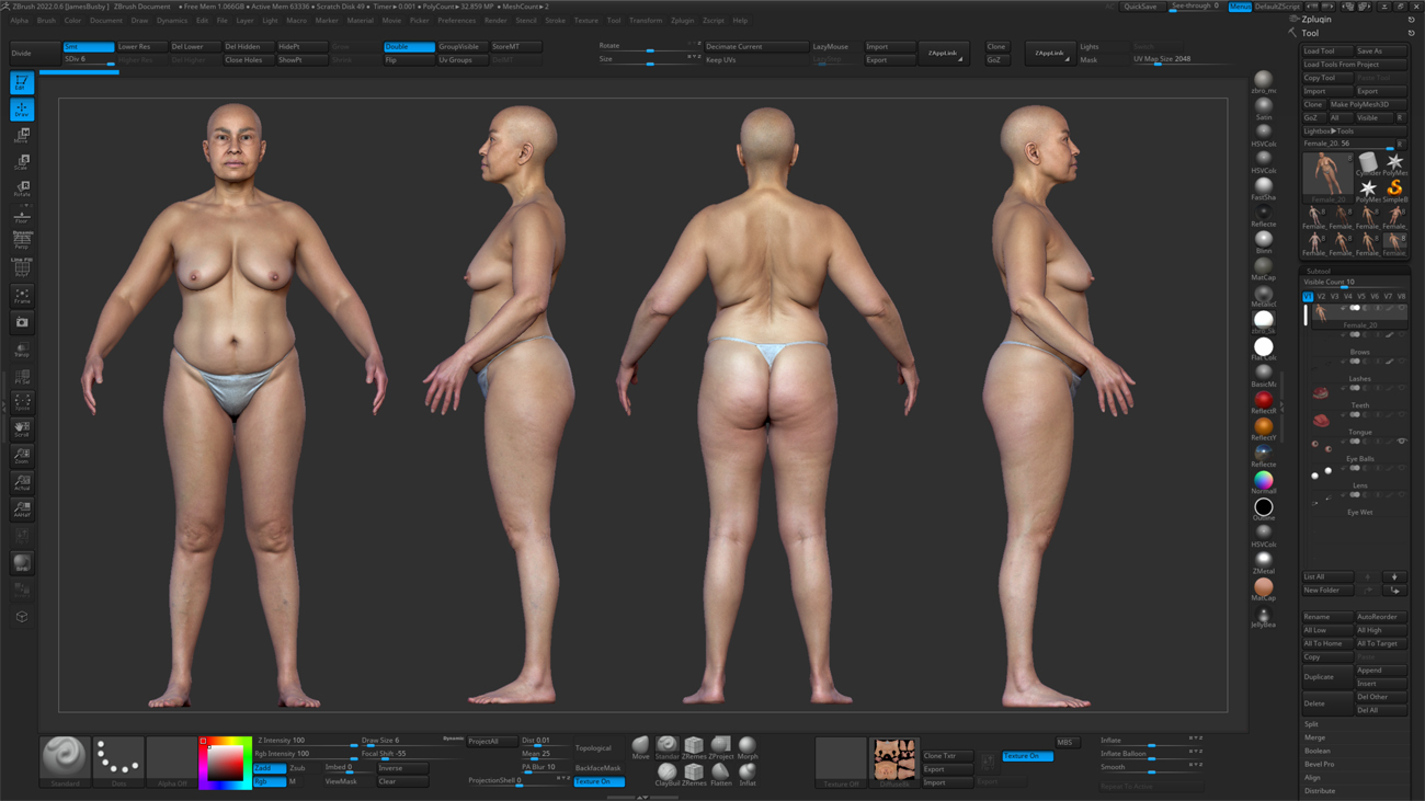 ZBrush ZTool render of a fuller-figured female 3D body scan at high subdivision level showing sculpt-ready geometry
